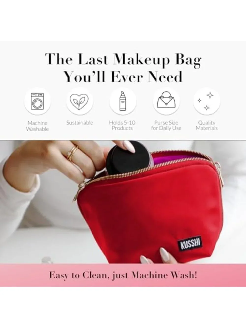 Washable Travel Makeup Bag for Purse - Everyday Essentials in Candy Apple